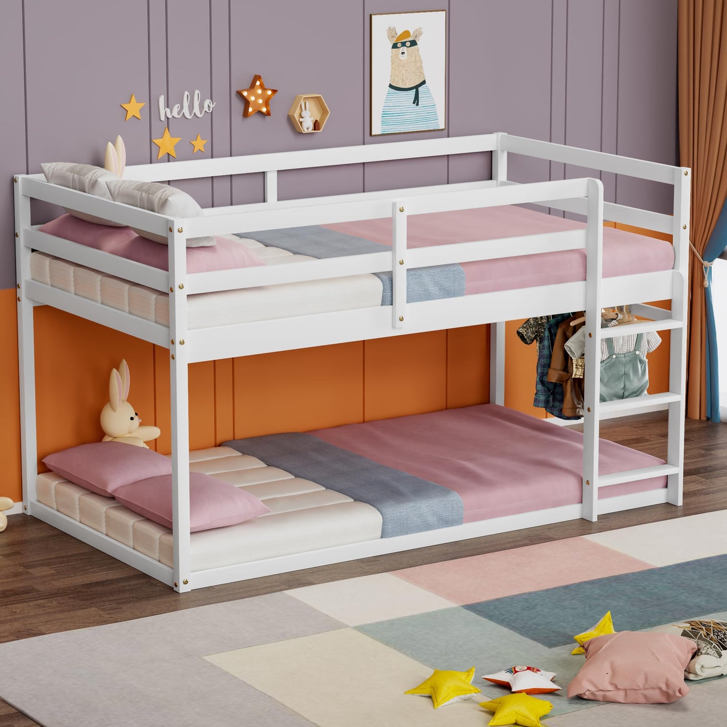 TOLEAD Low Bunk Bed Twin Over Twin, Floor Bunk Bed with Ladder, Twin Bunk Bed with Full Guardrails, Wooden Bunk Bed for Juniors, Boys, Girls, Kids, Bedrooms (White)