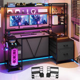 Gaming Desk with Hutch, 65in Reversible Computer Desk with Power Outlets LED Light, Home Office Desk with Monitor Stand 2 Drawers 4 Storage Shelves Pegboard 8 Hooks Mouse Pad(Carbon Fiber Black) UPOSOJA