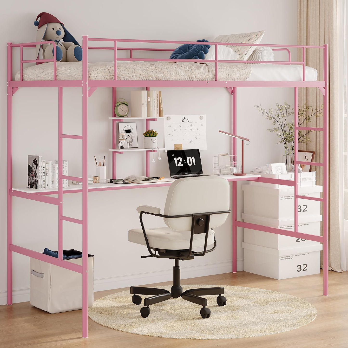 MOOITZ Twin Size Loft Bed with Desk, Multifunctional Metal Loft Bed Frame with Ladder and Full Guardrail, Space-Saving, Noise Free, Modern Industrial Style, (Pink, Twin Size Loft Bed with Desk)