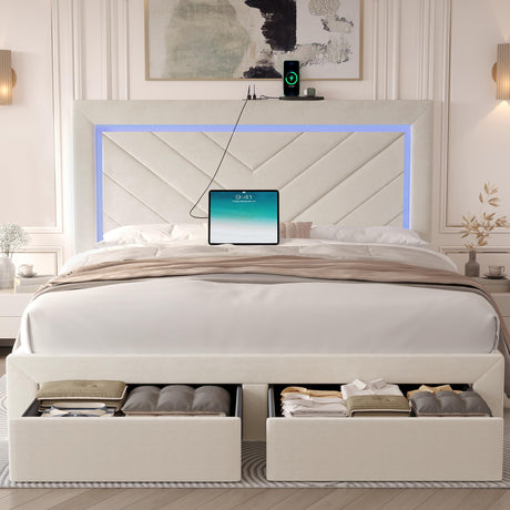 Fastroby Queen Size Bed Frame with Adjustable Headboard and 2 Storage Drawers, Upholstered Bed Frame Queen with RGB LED Light and Charging Station, Easy Assembly, No Box Spring Needed, Off White Fastroby