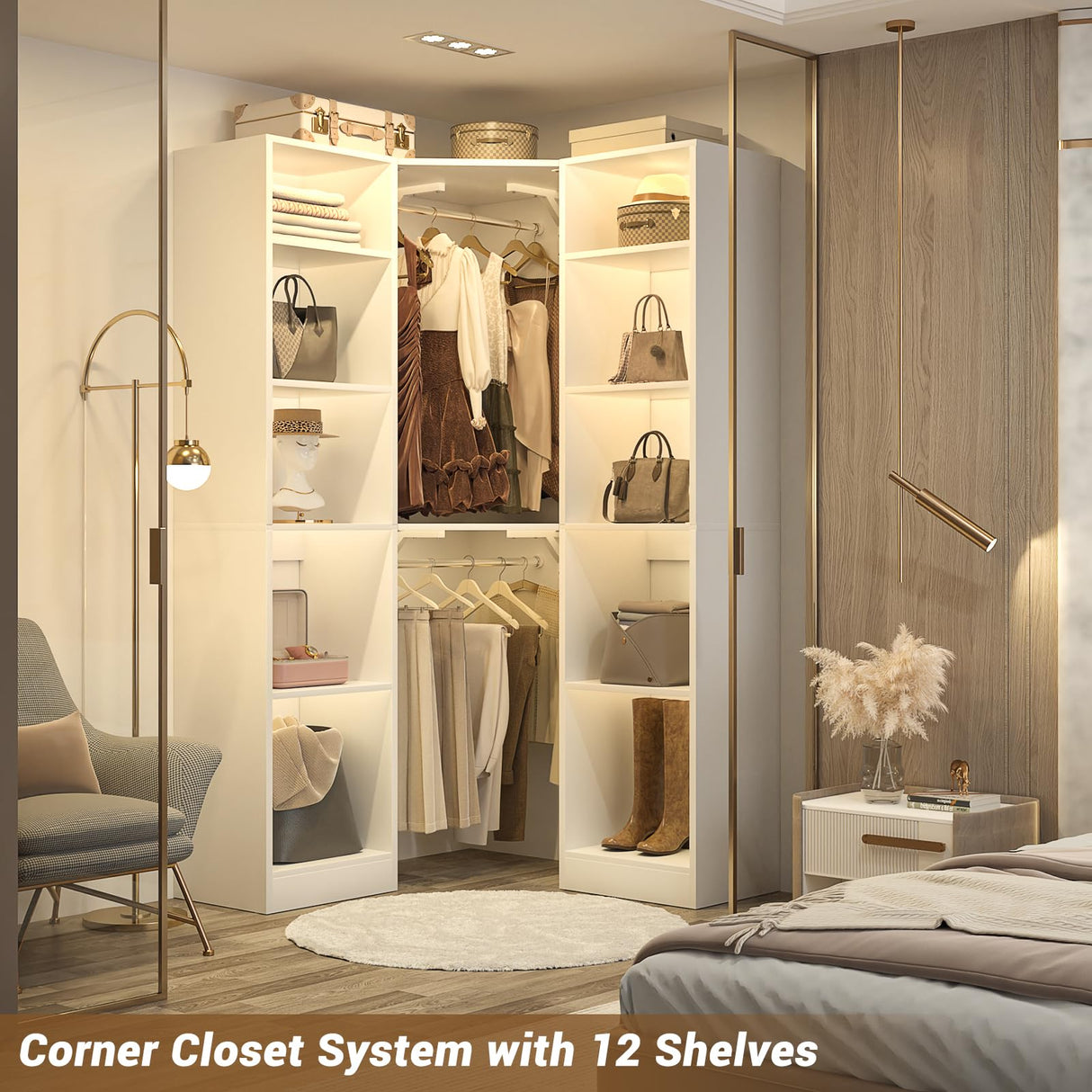 Besiost Corner Closet System with 12 Shelves, 39.2" Corner Closet Organizer System with 2 Hanging Rods, Versatile 6-Tier Walk-in Closets for Corner Space, White (39.2" L x 39.2" W x 80" H) Besiost