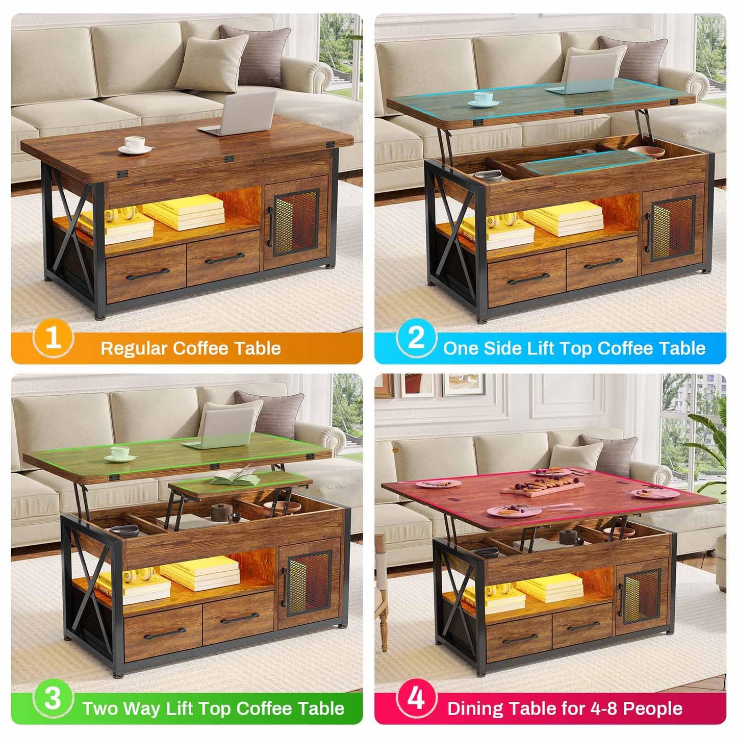 Itaar 40" Lift Top Coffee Table, 4 in 1 Coffee Tables with Storage Cabinet for Living Room, Small Farmhouse Coffee Table with 2 Fabric Drawers & LED Light for Dining Room, Rustic Brown - WoodArtSupply