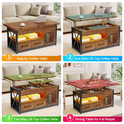 Itaar 40" Lift Top Coffee Table, 4 in 1 Coffee Tables with Storage Cabinet for Living Room, Small Farmhouse Coffee Table with 2 Fabric Drawers & LED Light for Dining Room, Rustic Brown - WoodArtSupply