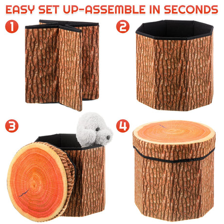Amylove 3 Pack Tree Stump Storage Stool 12 x 12 Inch Stool Ottoman, Cute Folding Storage Toy Box with Foam Cushion, Collapsible Seat Chest (Classic) Amylove