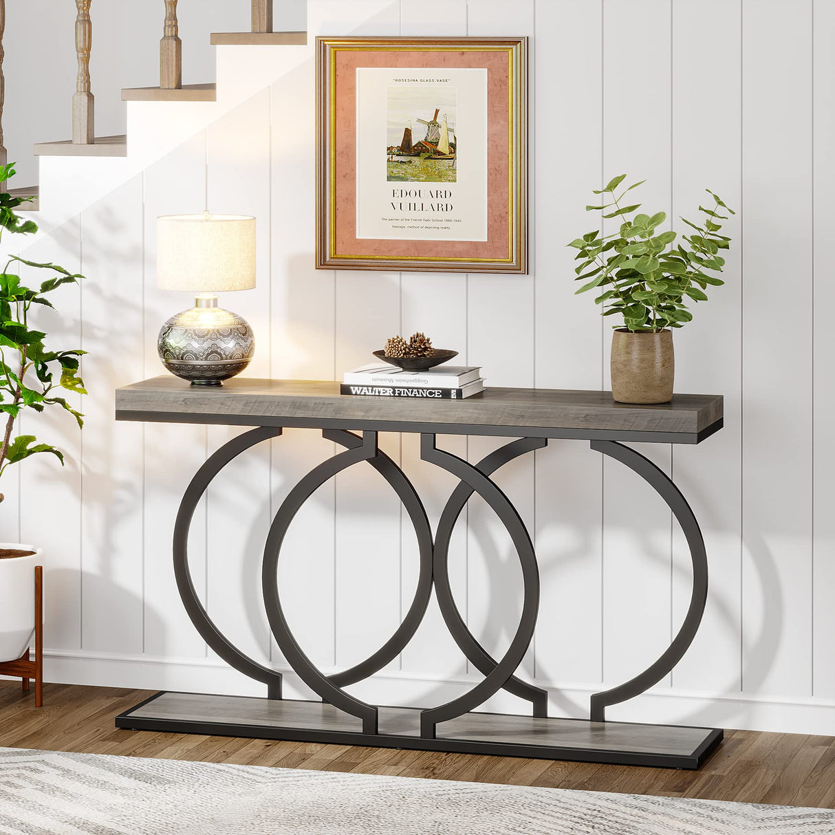 LITTLE TREE 55 inch Faux Marble Gold Console Table Modern Entryway Table Narrow Long Sofa Table Accent Table for Living Room, Grey + Black LITTLE TREE