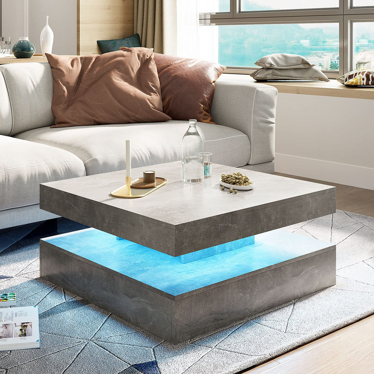 HedoAjim Grey LED Coffee Table for Living Room, Living Room Table 2-Tier Square Middle Center Table, Modern Coffee Tables with Storage, Contemporary Wood Tea Tables for Dining Reception HedoAjim