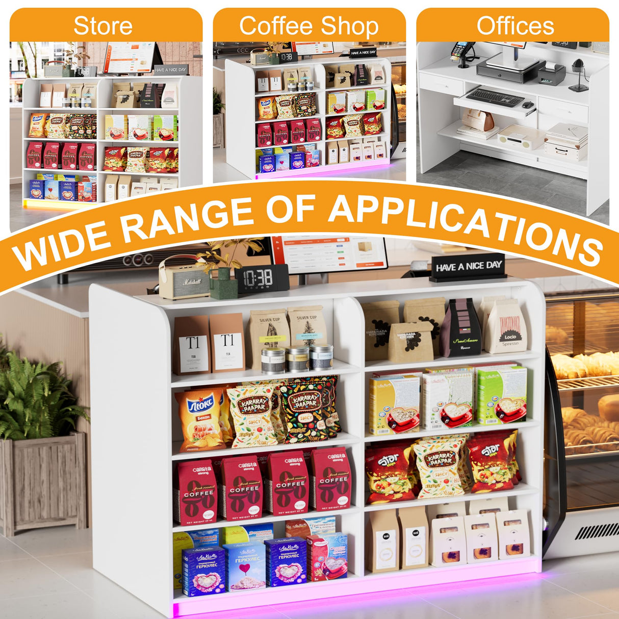 PAKASEPT Reception Desk with Counter for Retail & Checkout,Modern Front Reception Counter with LED Lights,Drawers & Open Shelves,Retail Counter with Storage for Countertop,Beauty Salon,Shop,Bar,White PAKASEPT