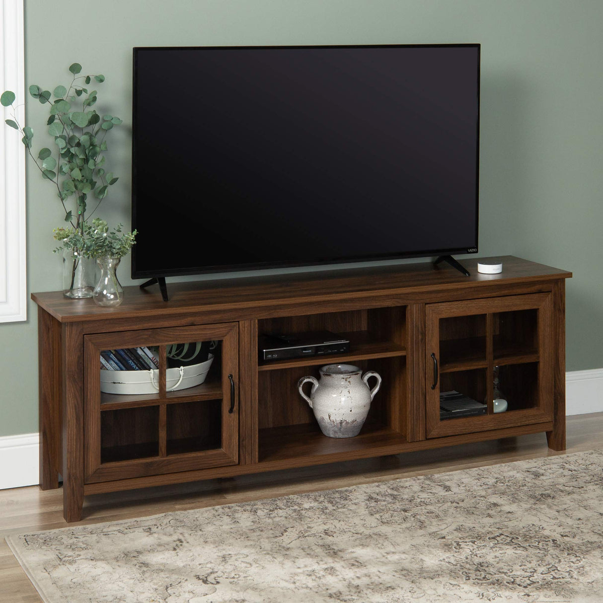 Walker Edison Portsmouth Classic 2 Glass Door TV Stand for TVs up to 80 Inches, 70 Inch, Dark Walnut Walker Edison