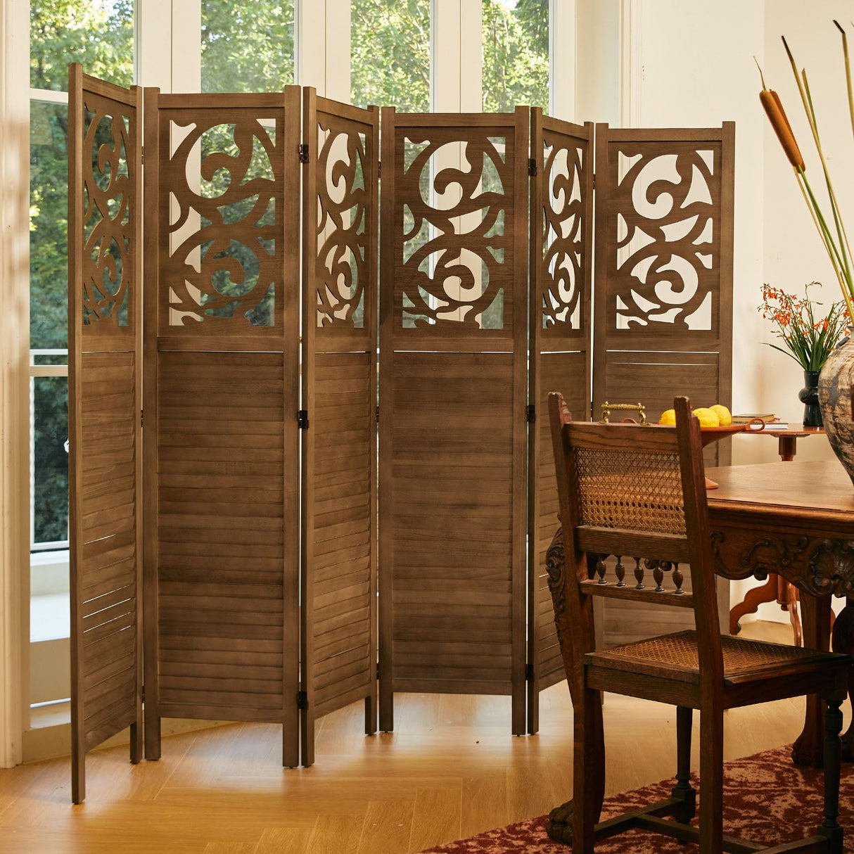 Svimi Folding Room Divider, 5.6Ft 6 Panels Wood Carved Privacy Screens, Free Assembled Freestanding Portable Reversible Functional Decorative Partition for Home Office Restaurant Bedroom (Brown) Svimi