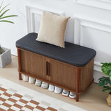 QEIUZON Shoe Bench, Entryway Shoe Cabinet with Leather Cushion and Sliding Door, Modern Shoe Storage Organizer for Living Room, Hallway (Walnut) QEIUZON