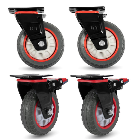 Iron Forge Tools Heavy Duty Swivel Knobby Casters Set of 4, 6" Height, 5" Diameter, Solid PU Knobby Tread Heavy Duty Wheels, Swiveling Bases, Two Casters with Brakes, Two Without, Black & Red Iron Forge Tools