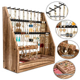 DGWJSU Jewelry Organizer Stand, 5 Layer Earring Holder Organizer with Necklace Holder, Rustic Wood Earring Organizer Display for Stud Earring Bracelet Necklace Ring, Watches DGWJSU