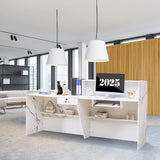 LayBurst Reception Desk,Modern Checkout Counter with Lockable Drawer,Keyboard Tray and Shelves,White Receptionist Desk for Corporate and Hotel Lobbies（23.6”D x 86.6”W x 43.3”H） LayBurst