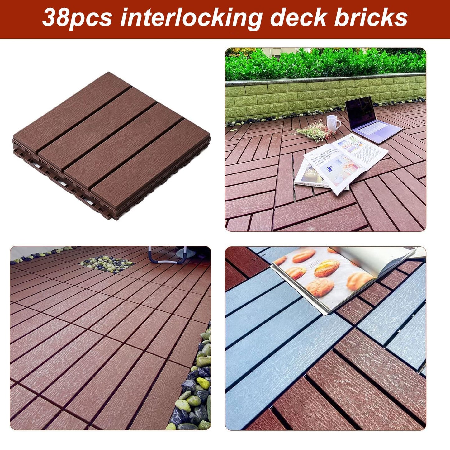 38 sq. ft Interlocking Deck Tiles, 12" x 12" 38pcs All Weather Plastic Waterproof Decking Tiles for Patio Balcony Backyard Outdoor Flooring Panels