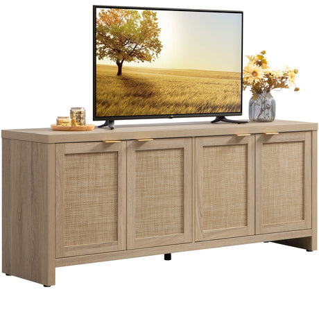 SICOTAS TV Stand for Living Room Boho Entertainment Center for Bedroom with 4 Rattan Cabinets Farmhouse Television Stands with Storage Large Media Console Table for TVs up to 45 50 55 60 65 Inch SICOTAS