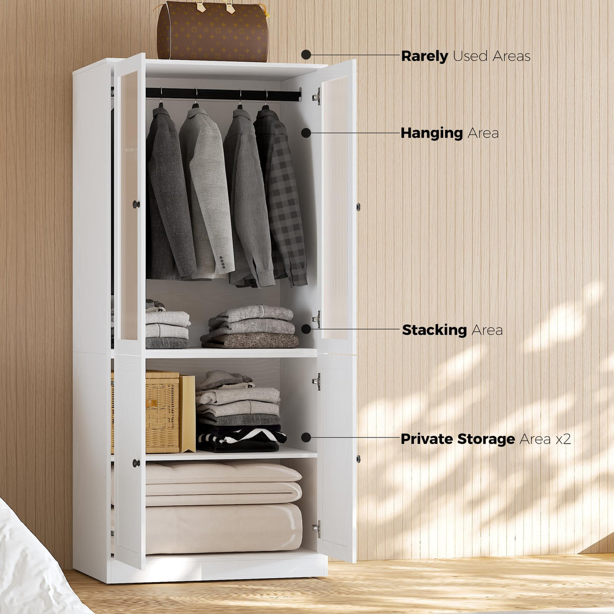 VOWNER 20“D Armoire Wardrobe Closet with Fluted Glass, 71" H Clothing Storage Cabinet with Hanging Rod, 4 Soft-Close Doors Wooden Wardrobe Cabinet for Bedroom, Large Capacity Storage White (AAC) VOWNER