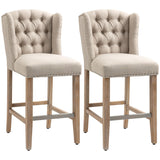 HOMCOM Counter Height Bar Stools Set of 2, 27" Seat Height Upholstered Barstools, Farmhouse Kitchen Island Stools with Nailhead-Trim, Tufted Back and Wooden Legs, Beige HOMCOM