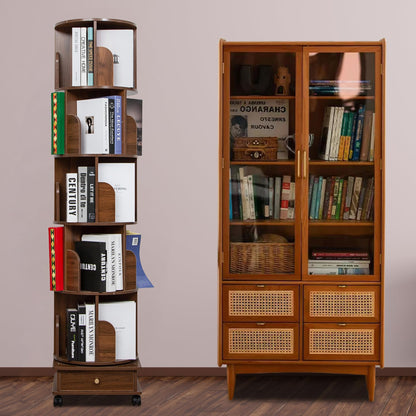 360-Degree Rotating Wooden Bookshelf Tower with Wheels and Storage Drawers - WoodArtSupply