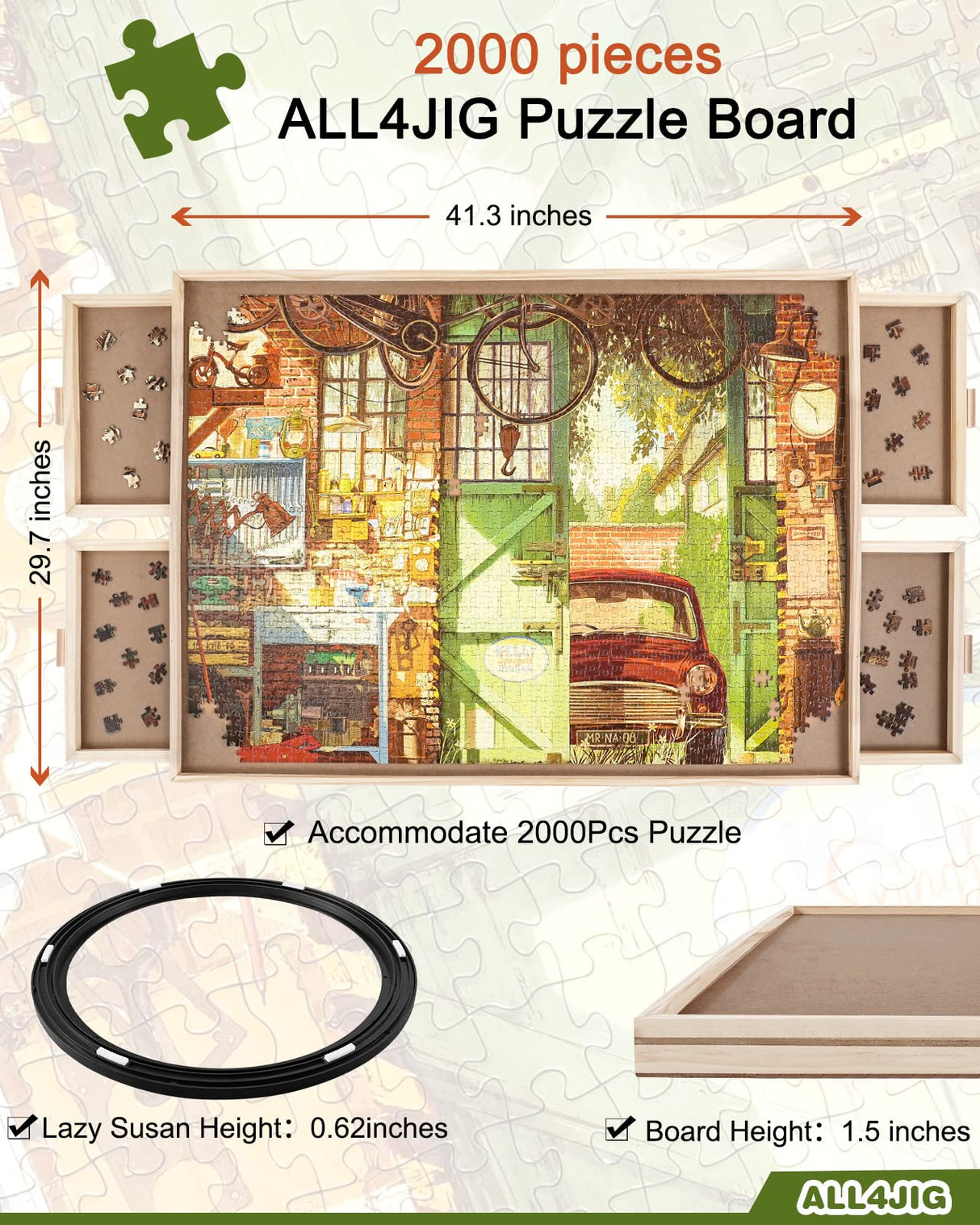 ALL4JIG 2000 Piece Rotating Puzzle Board with Drawers and Cover,29.7"x41.3"Portable Wooden Jigsaw Puzzle Table for Adults Portable,Lazy Susan Spinning Puzzle Boards Birthday Gift for mom ALL4JIG