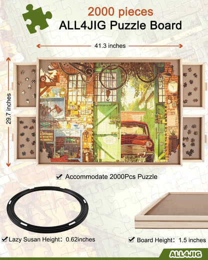 ALL4JIG 2000 Piece Rotating Puzzle Board with Drawers and Cover,29.7"x41.3"Portable Wooden Jigsaw Puzzle Table for Adults Portable,Lazy Susan Spinning Puzzle Boards Birthday Gift for mom - WoodArtSupply