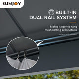 Sunjoy Hardtop Gazebo 10 x 12 ft. Outdoor Patio Aluminum Frame Gazebo with Solar Panel, 2-Tier Steel Hardtop Backyard Gazebo with Netting and Ceiling Hook, Black Sunjoy