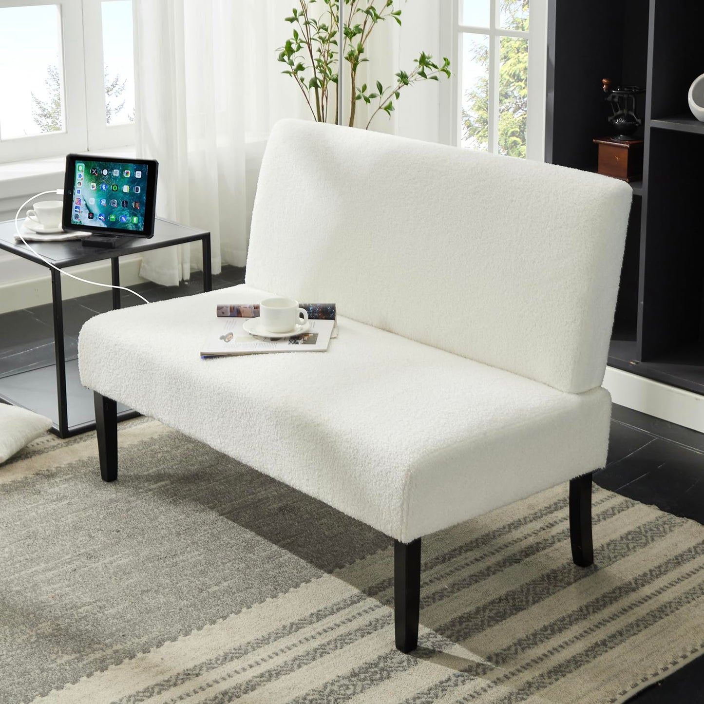 STHOUYN Mini Small Comfy Couch Armless Loveseat Sofa for Bedroom with USB Port, Small Couches for Small Spaces Living Room, Apartment Office Dorm (White) - WoodArtSupply