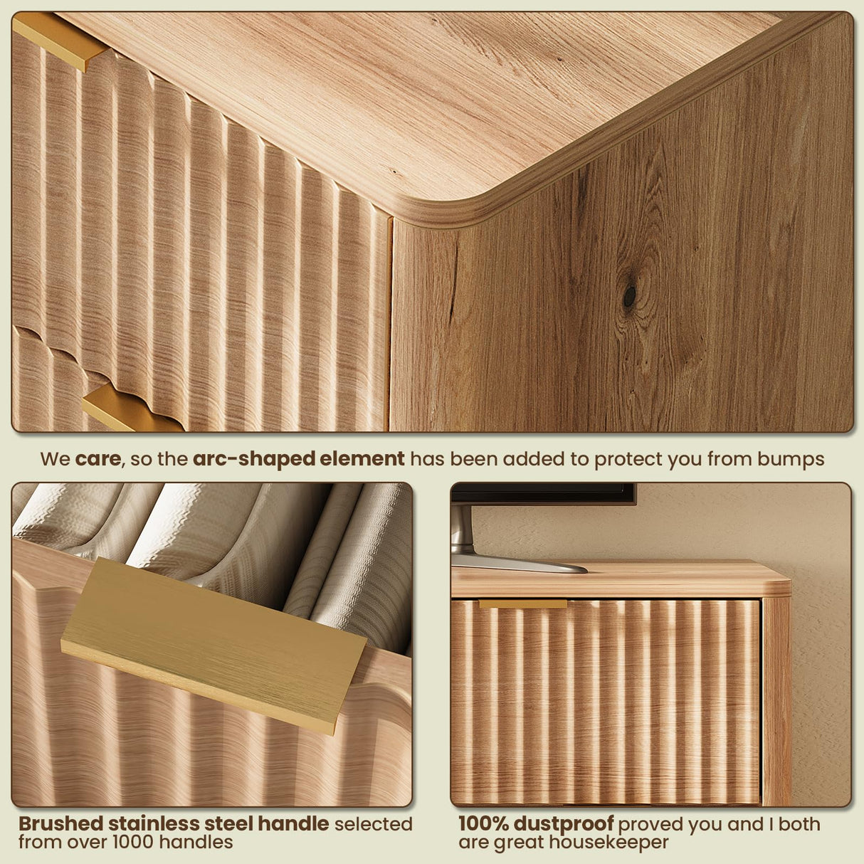 TROJM 54'' Wide 7 Drawers Dresser for Bedroom,Modern Fluted Vertical Chest with Rounded Corners,Fluted Dresser for Living Room,Hallway, Natural Wood TROJM