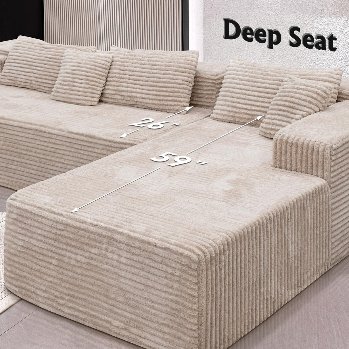 Boneless Modular Sectional Sofa, Cloud Couch with Right Facing Chaise, Oversized Deep Seat, L-Shaped, Soft Corduroy Fabric, Sectional Couch for Living Room -Beigey NMXUXMN