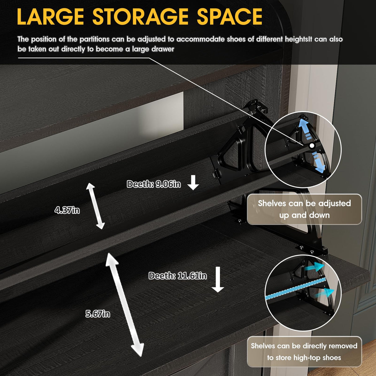 Maupvit Large Shoe Storage Cabinet with 4 Flip Drawers, Narrow Shoe Cabinet for Entryway with Wooden Legs, Freestanding Hidden Shoe Rack Organizer ＆ Metal Hinges, Black Maupvit