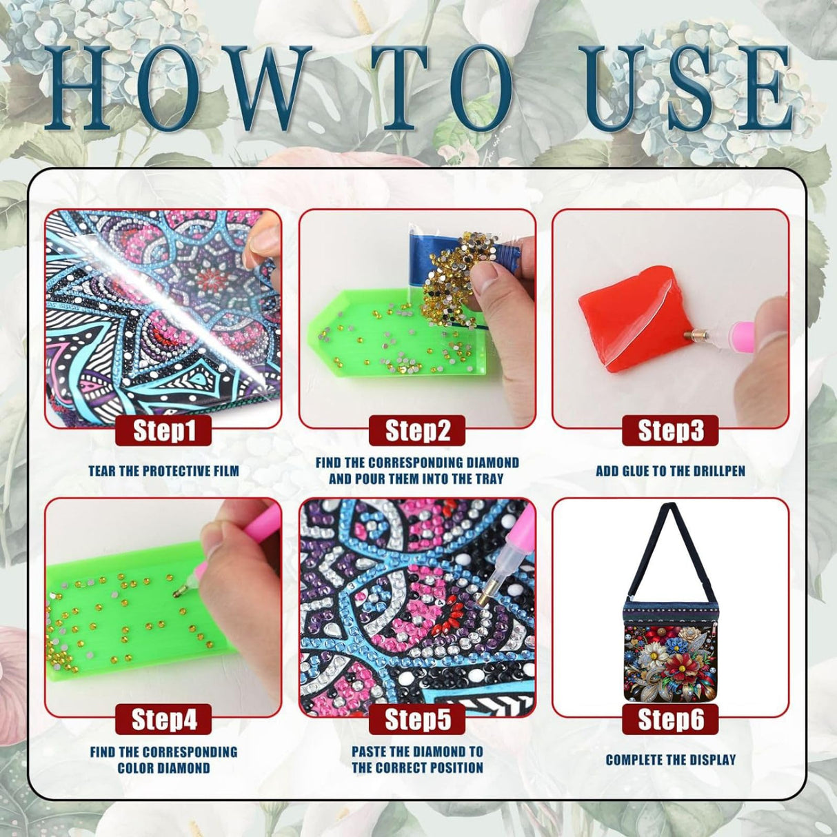 5D DIY Diamond Art Painting Crossbody Bag for Women, Shoulder Bag with Zipper Adjustable Shoulder Strap for Shopping-#10-Flower Generic