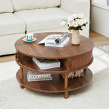 XUZENEST 31.5” Round Coffee Table with Storage, Mid Century Modern 2 Tier Coffee Table with Tambour Sliding Door, Solid Wood Legs Fluted Center Table for Living Room Home Office Small Space, Walnut XUZENEST