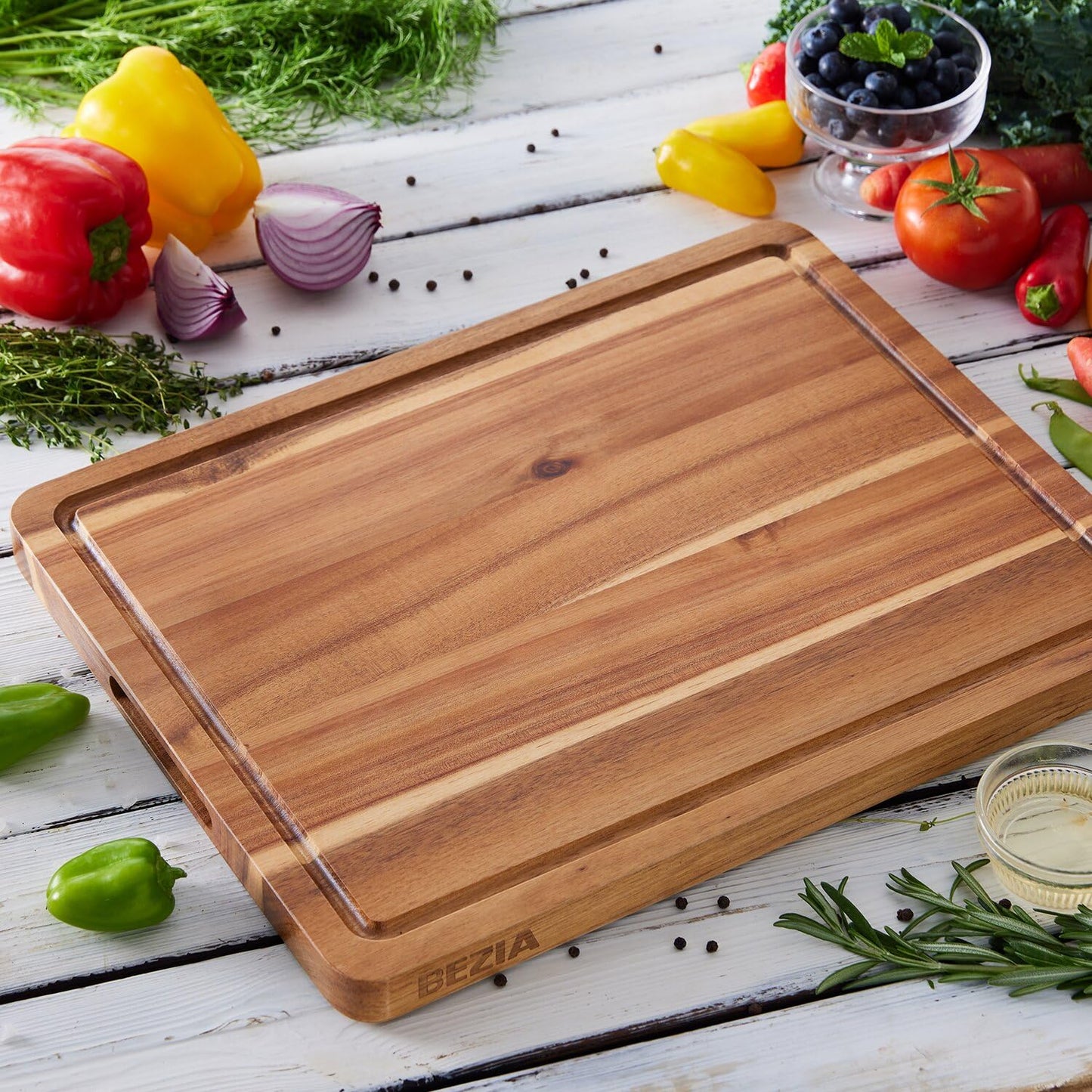 Wood Cutting Boards for Kitchen, Large cutting board 17 x 13 Inch, BEZIA Acacia Wooden Carving Board for Meat, Turkey, Vegetables, BBQ, Cheese - - WoodArtSupply