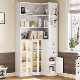 IRONCK Corner Bookshelf with LED Lights, 78.7" Tall Corner Bookshelves with 2 Drawers & Transparent Doors, 7 Tiers L-Shaped Bookcase with Open Shelves and Pegboards for Living Room, Home Office, White IRONCK