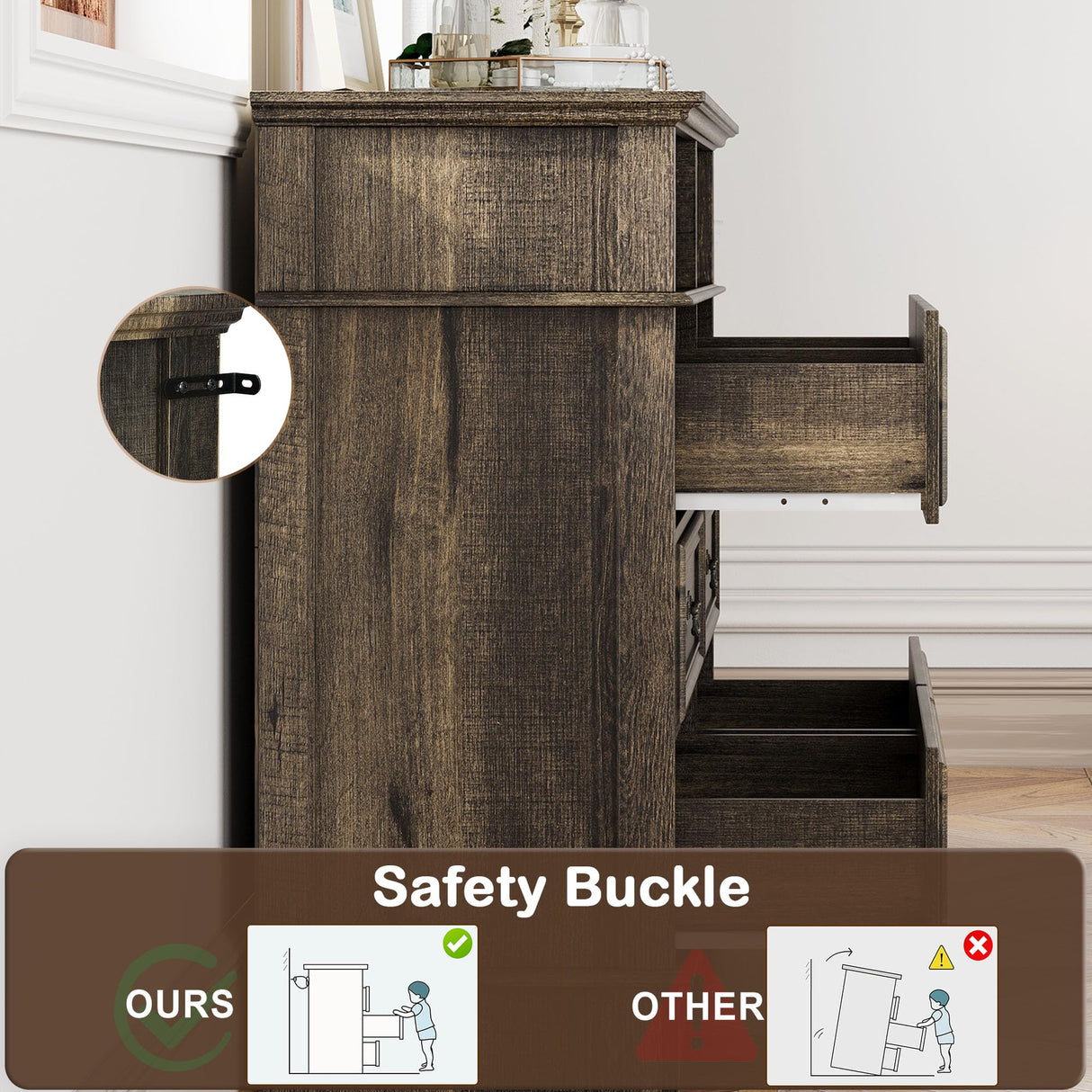 Yechen Farmhouse 6 Drawers Double Dresser, 47'' Wide Dresser Chest of Drawers with 2 Open Shelves, Dresser TV Stand, Rustic Wood Storage Dresser Organizer for Bedroom, Hallway, Entryway, Living Room Yechen