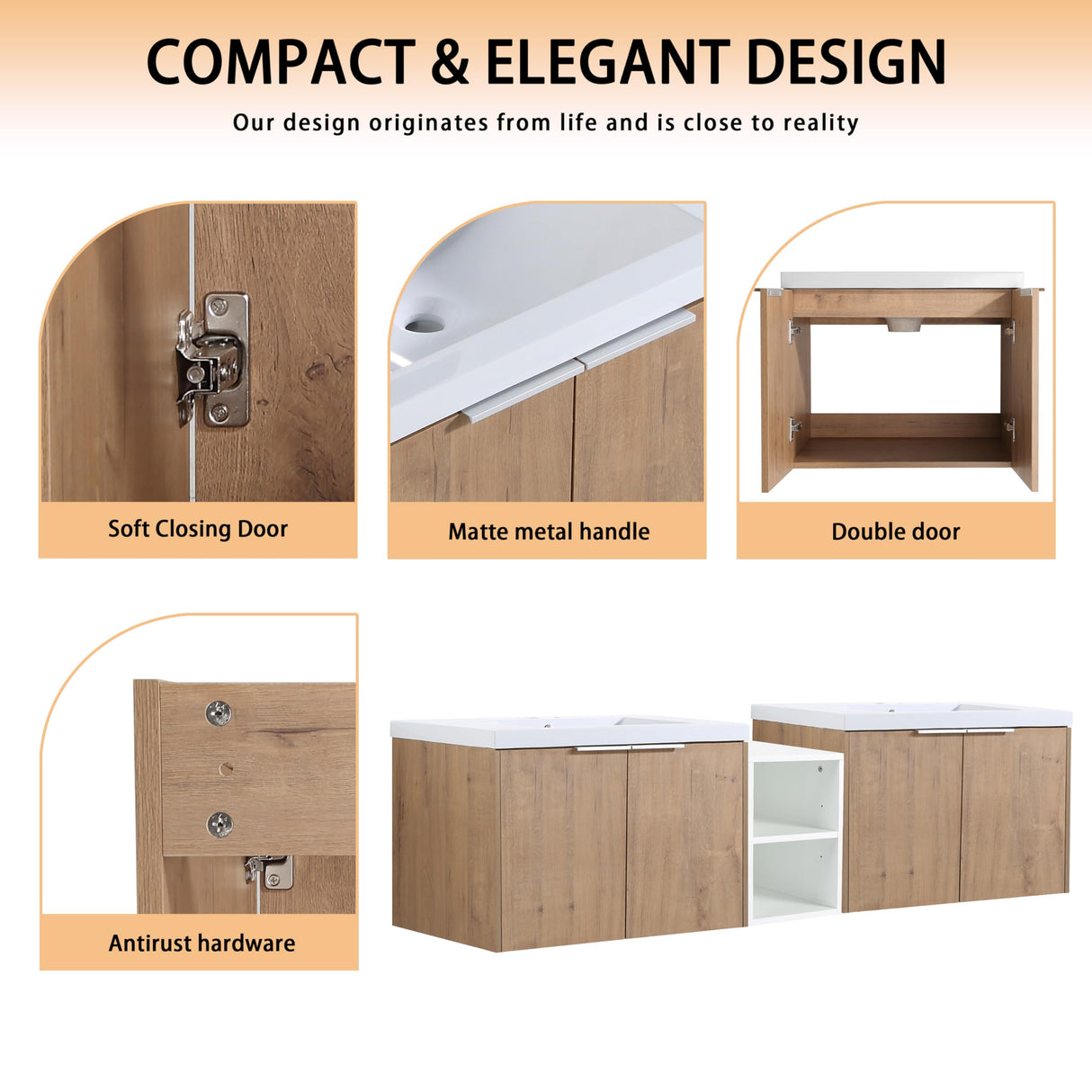 72" Bathroom Vanity with Sink, 72 Inch Floating Vanity, Double Sink Wall Mounted Vanity Combo, Modern Brown Bathroom Vanity Set with 4 Doors and White Basin Sink Mocoastn