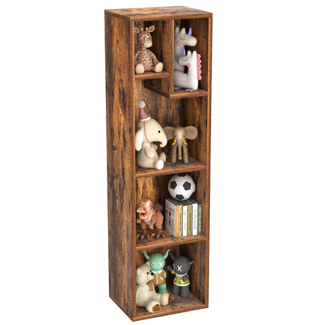 VECELO Small Bookshelf, 5 Cube Slim Bookcase, Fits Tallest Hardcovers, Horizontal Available, Modern Floor Standing Unit, Each Shelf Hold Up to 66 LBS, Vintage Brown VECELO