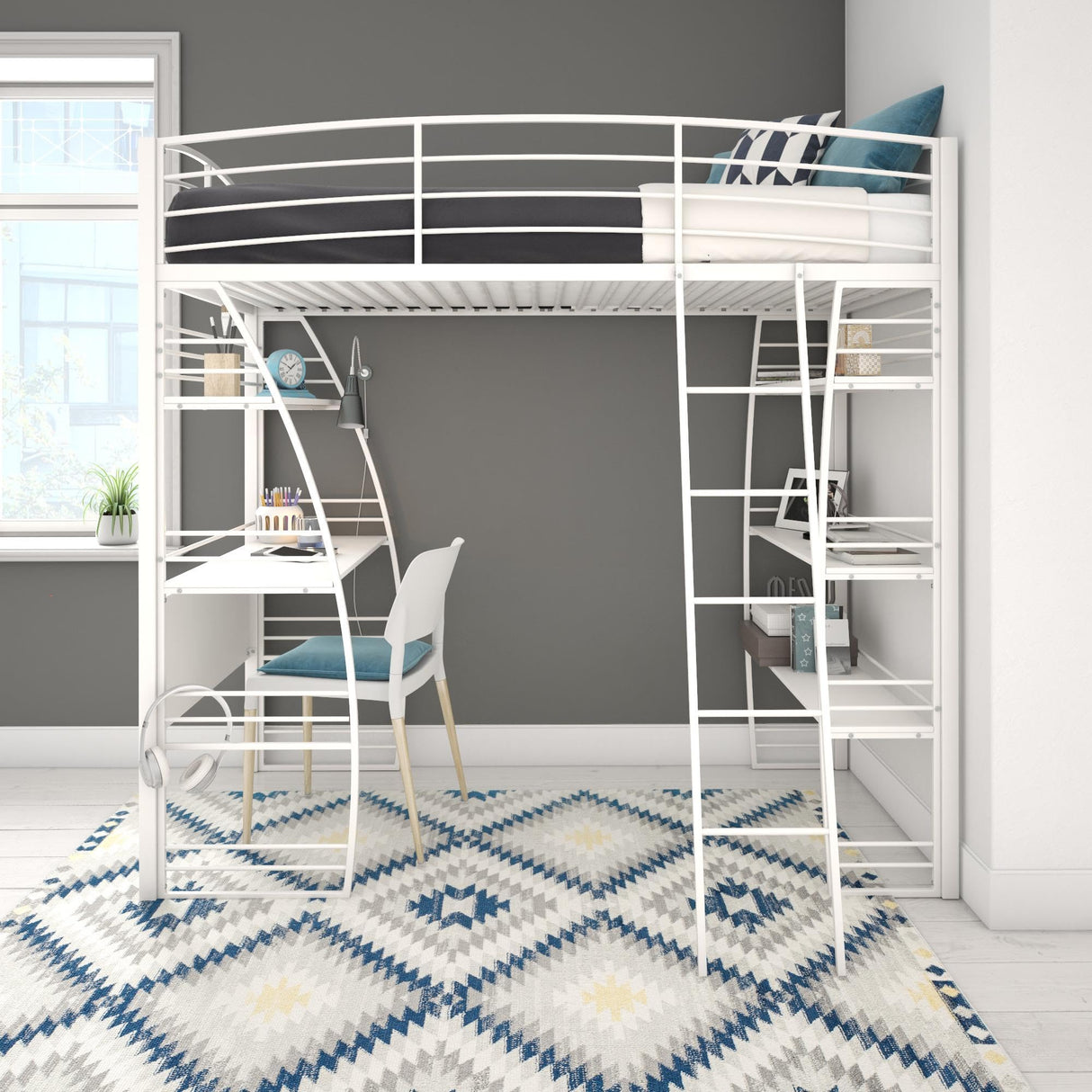 REALROOMS Serenity Studio Twin Metal Loft Bed with Integrated Desk and Shelves, Off White REALROOMS