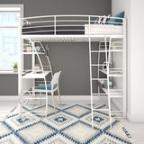 REALROOMS Serenity Studio Twin Metal Loft Bed with Integrated Desk and Shelves, Off White REALROOMS