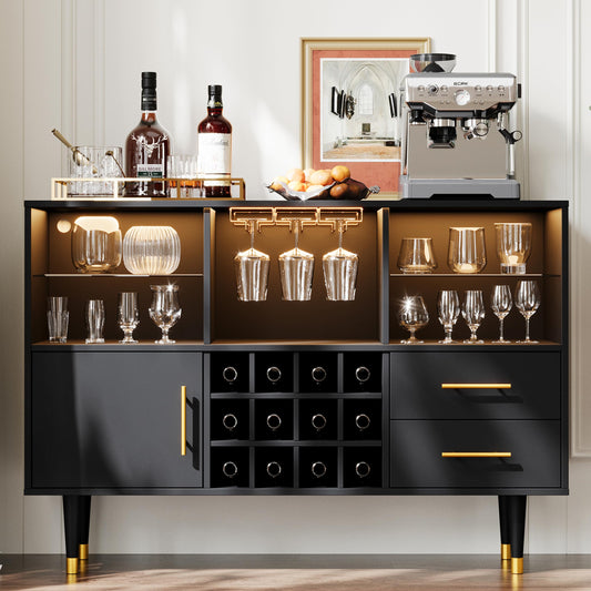 Bar Cabinet and Bar Table - LED Light Charging Station, Buffet Cabinet with Storage, Sideboard Cabinet, Coffee Bar - Ideal for Buffets & Sideboards, Wine and Liquor Cabinet 47 inch Black