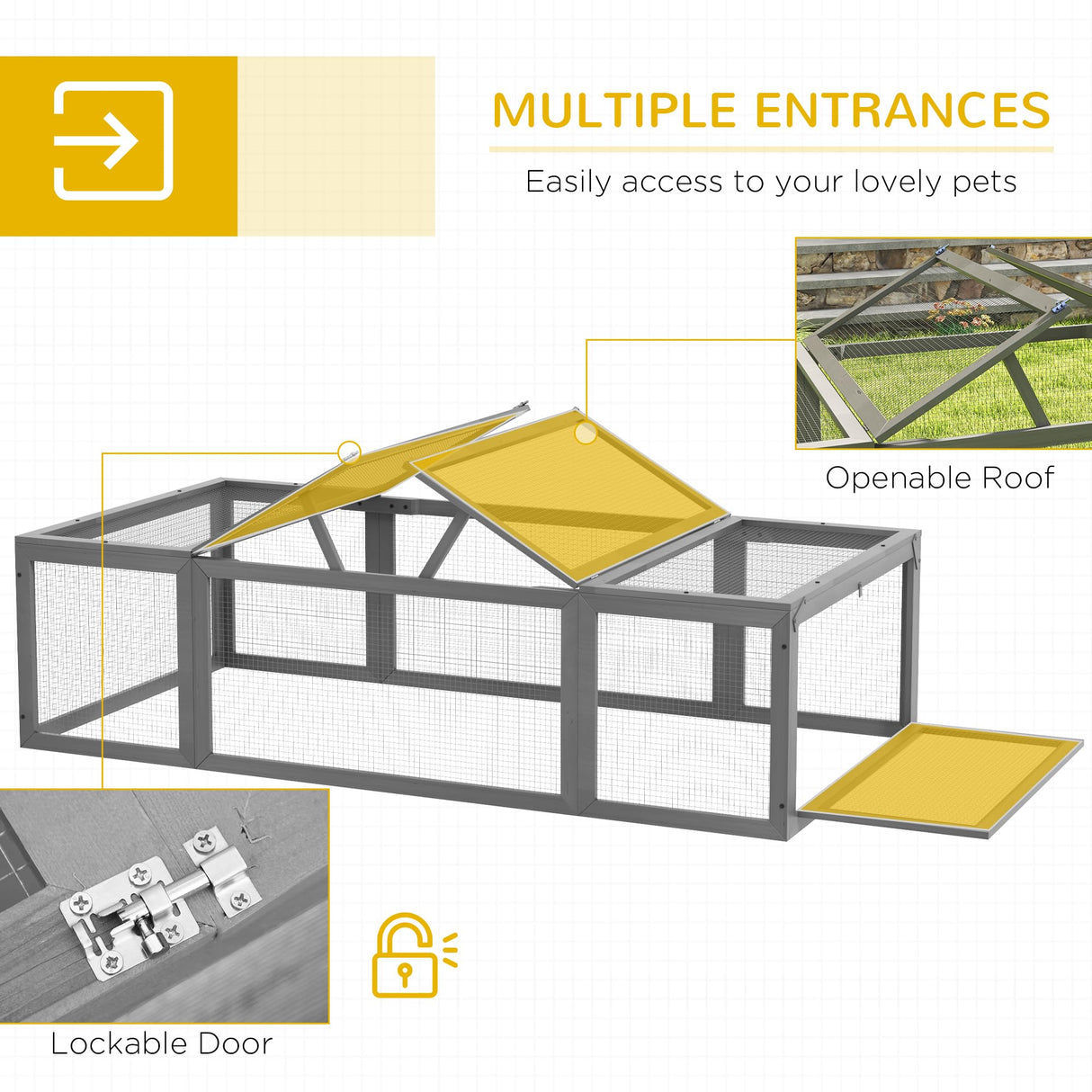 PawHut Large Wooden Rabbit Hutch Bunny Hutch Small Animal Habitat Enclosure Outdoor Run and Lockable Doors, Gray PawHut