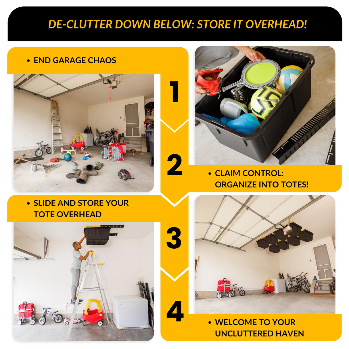 Overhead Bin Rack - Ceiling Mount Overhead Garage Rack | Adjustable Width and Orientation | Heavy Duty Ceiling Bin Storage Rails | Fits Black & Yellow Storage Bins | USA Designed (8 Bins) SteelChimp