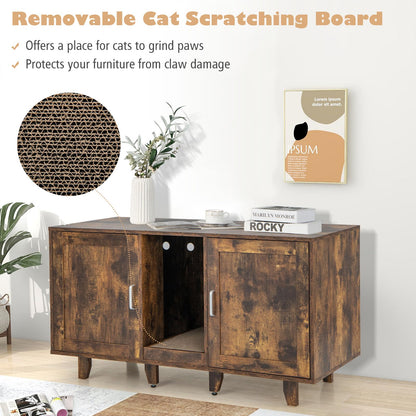 Tangkula Double Cat Litter Box Enclosure for 2 Cats, Large Stackable Hidden Privacy Cat Washroom Cabinet with Scratching Board, Indoor Cat House TV Stand, Litter Box Furniture (Rustic Brown) - WoodArtSupply