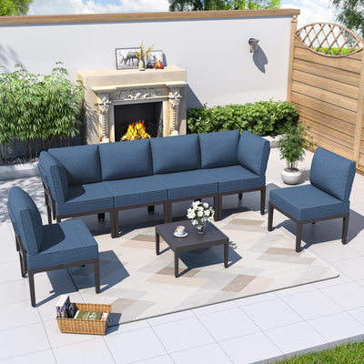 Kurapika 7 Pieces Metal Patio Furniture Set Modern Metal Outdoor Conversation Sets, Patio Sectional Sofa w/5 Inch Cushion and Coffee Table, Navy Blue