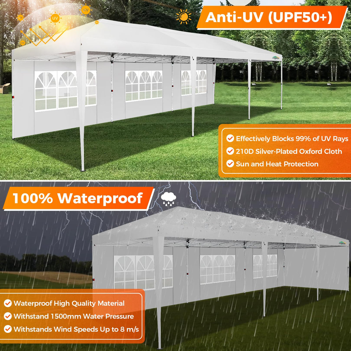 COBIZI 10x30 Pop Up Canopy Tent with Removable Sidewalls, Waterproof Portable Easy Up Canopy with Carry Bag, Instant Outdoor Shelter Tents for Parties, Events, Backyard Gatherings, Weddings, White COBIZI