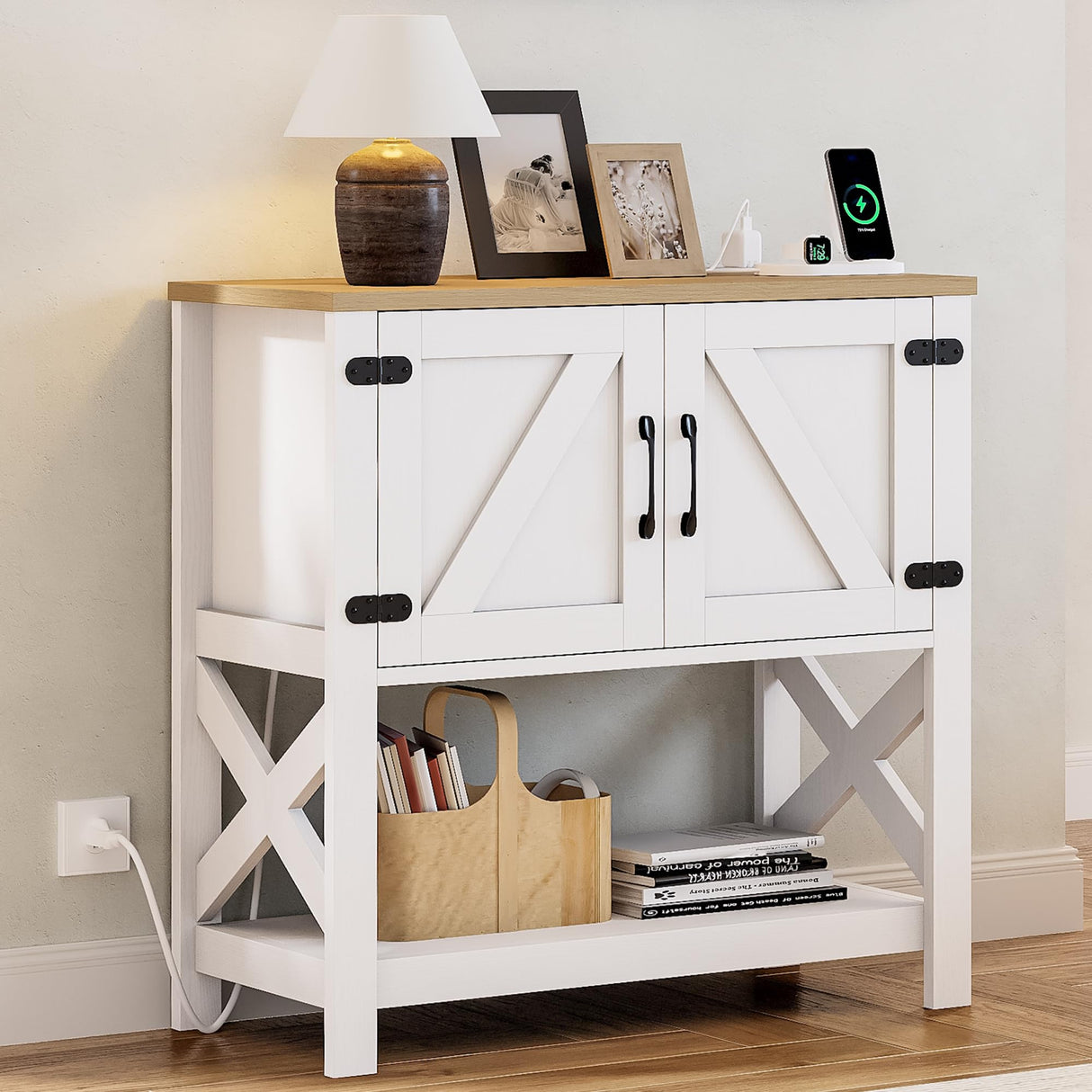 IRONCK Farmhouse Entryway Table Console Table with Power Outlet, Coffee Bar Cabinet, Sofa Table with Cabinet and Storage Shelf, for Hallway, Kitchen, Foyer, Living Room, White IRONCK