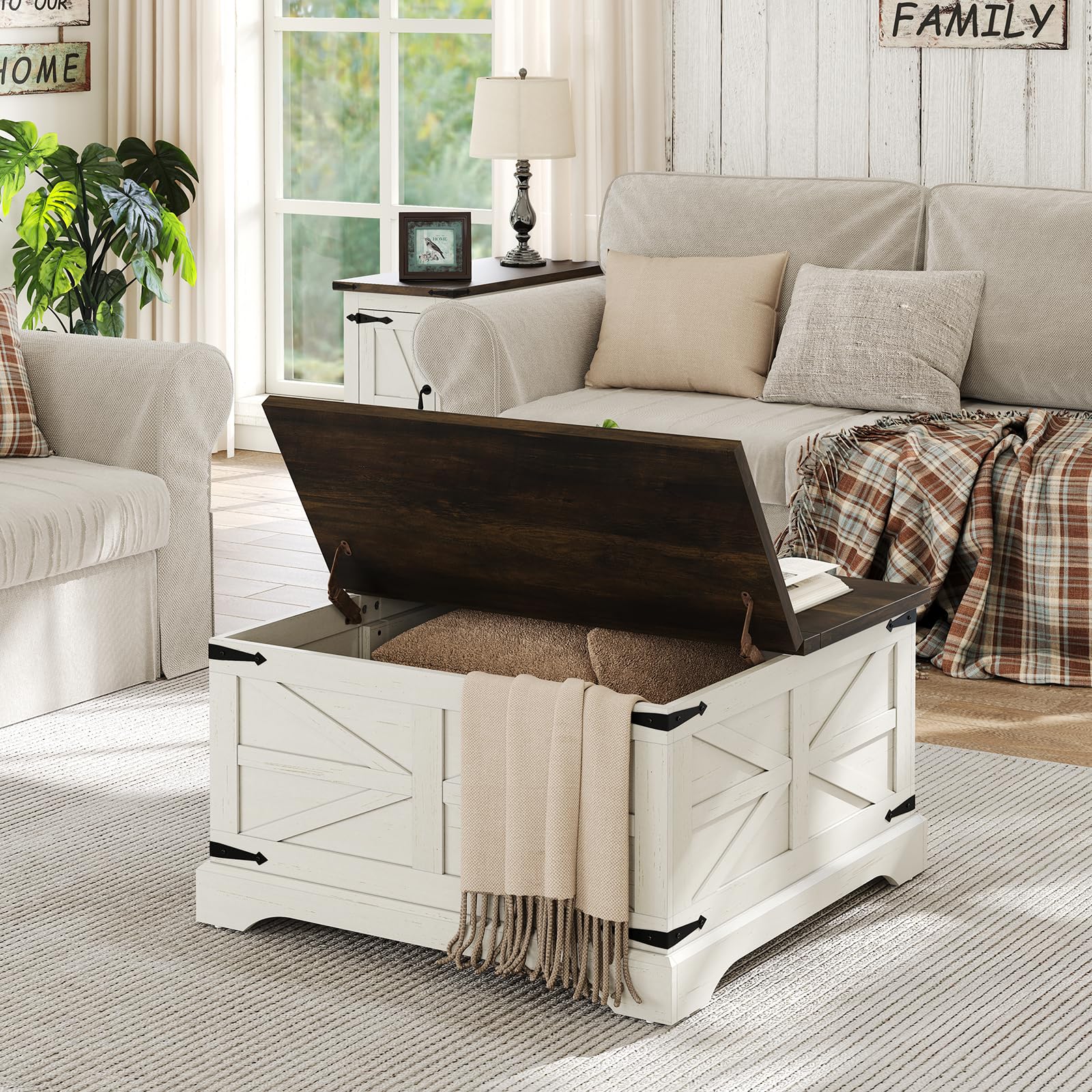 furomate Farmhouse Lift Top Coffee Table, Square Wood Center Table with Large Hidden Storage Compartment for Living Room, Rustic Cocktail White Modern Table with Hinged Lift Top, Brown Top - WoodArtSupply