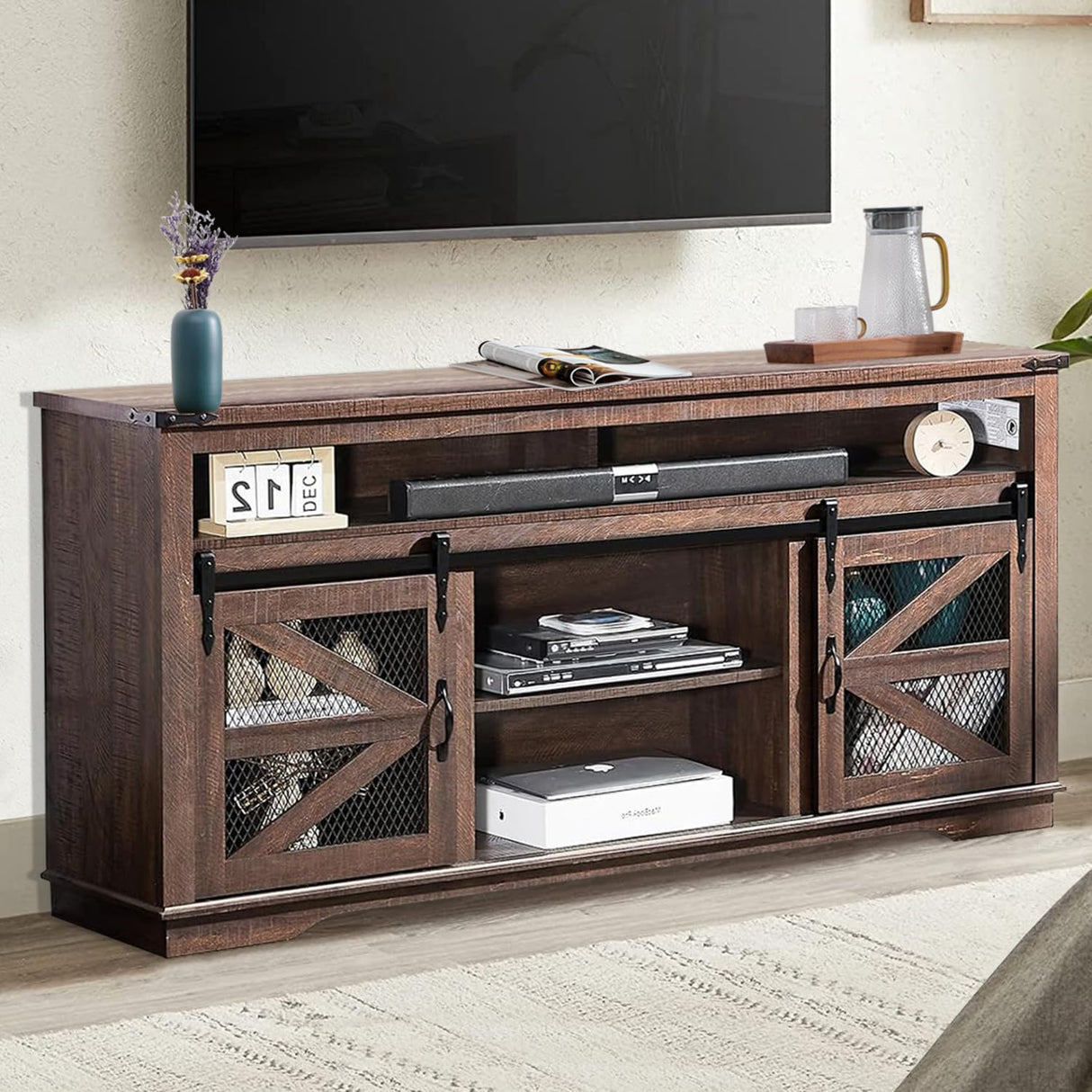 Zanzio XZ0-66TVS Rustic Farmhouse TV Stand, Distressed Brown Zanzio