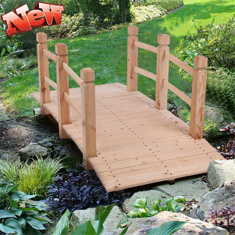 Koopee LEEXCCOS Higher Quality & Stronger Wooden Garden Bridge for Outdoors 5ft, More Durable Landscape Arch with Safety Railsm, 500lbs Capacity Decorative Pond Bridge (Natural Wood) Koopee