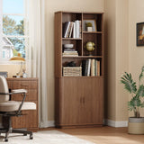 ONBRILL 71" Tall Cube Bookcase, Curved Bookshelf with Storage Cabinet & Adjustable Storage Shelf, Freestanding Wood Bookcase with Sliding Door & Sturdy Pedestal, for Home Office, Living Room, Walnut ONBRILL