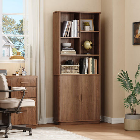 ONBRILL 71" Tall Cube Bookcase, Curved Bookshelf with Storage Cabinet & Adjustable Storage Shelf, Freestanding Wood Bookcase with Sliding Door & Sturdy Pedestal, for Home Office, Living Room, Walnut ONBRILL
